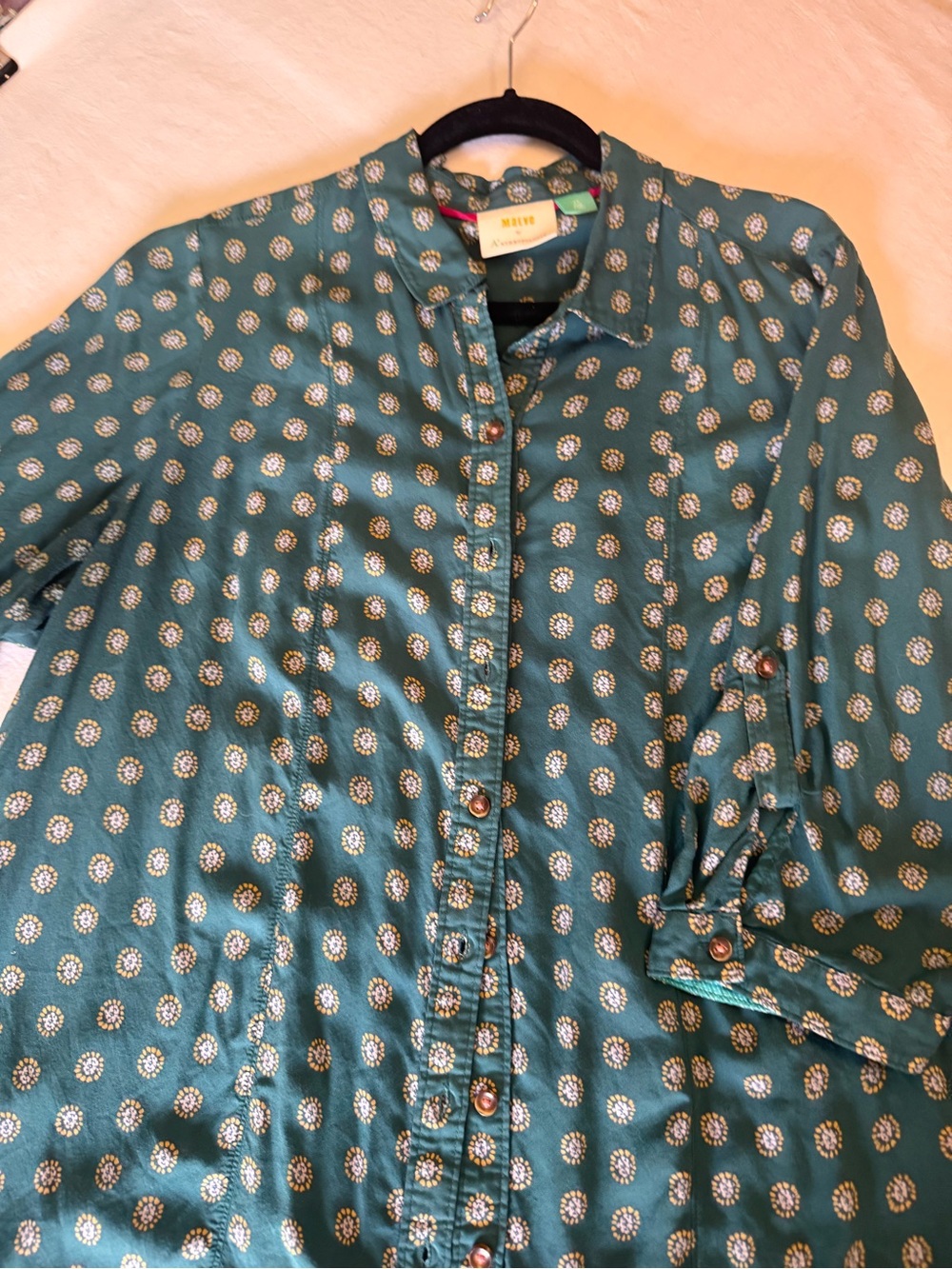 Anthropologie Teal Button-Down Shirt with Cream Dot Motif - Picture 6 of 8